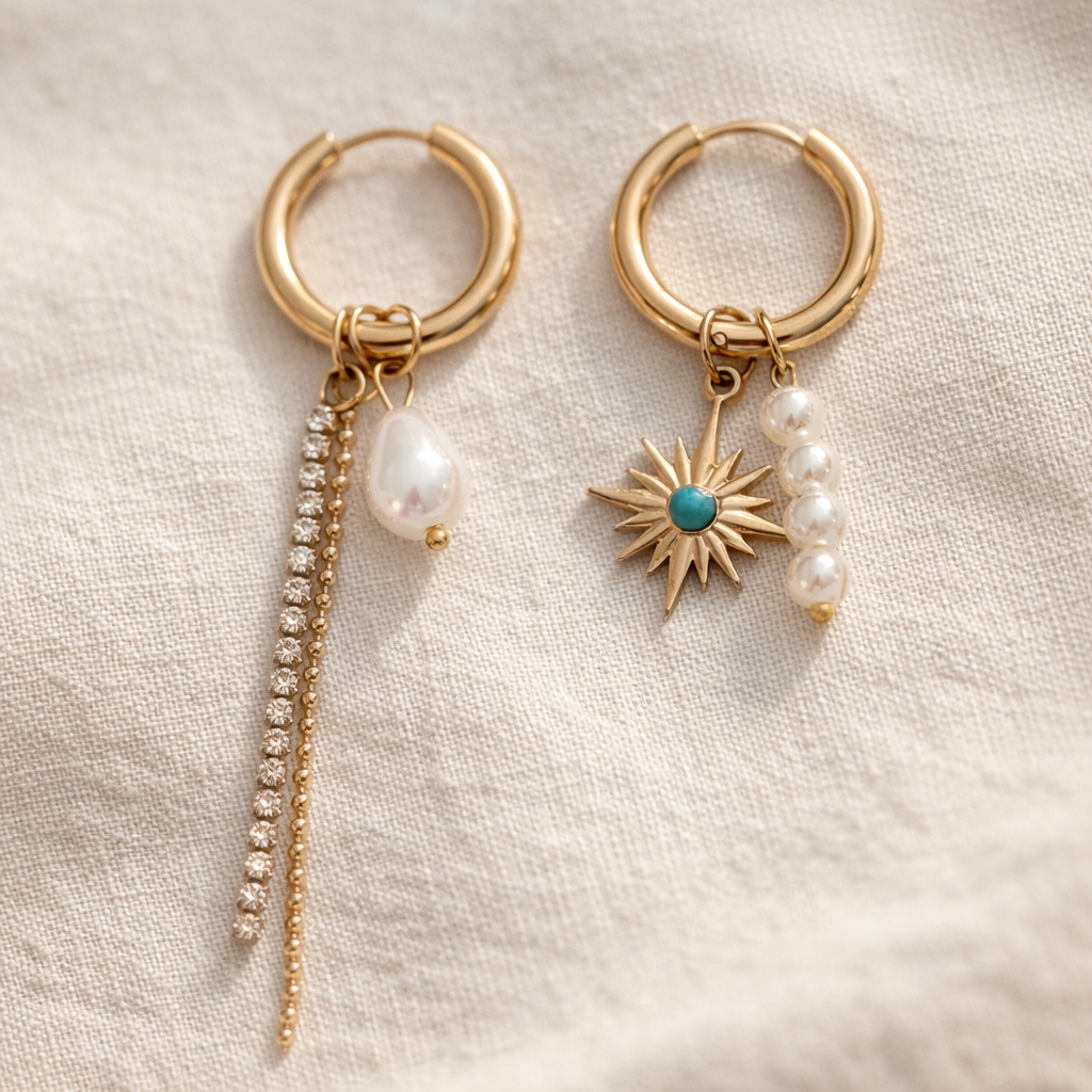Gold hoop earrings with pearl and starfish charms on a light fabric background