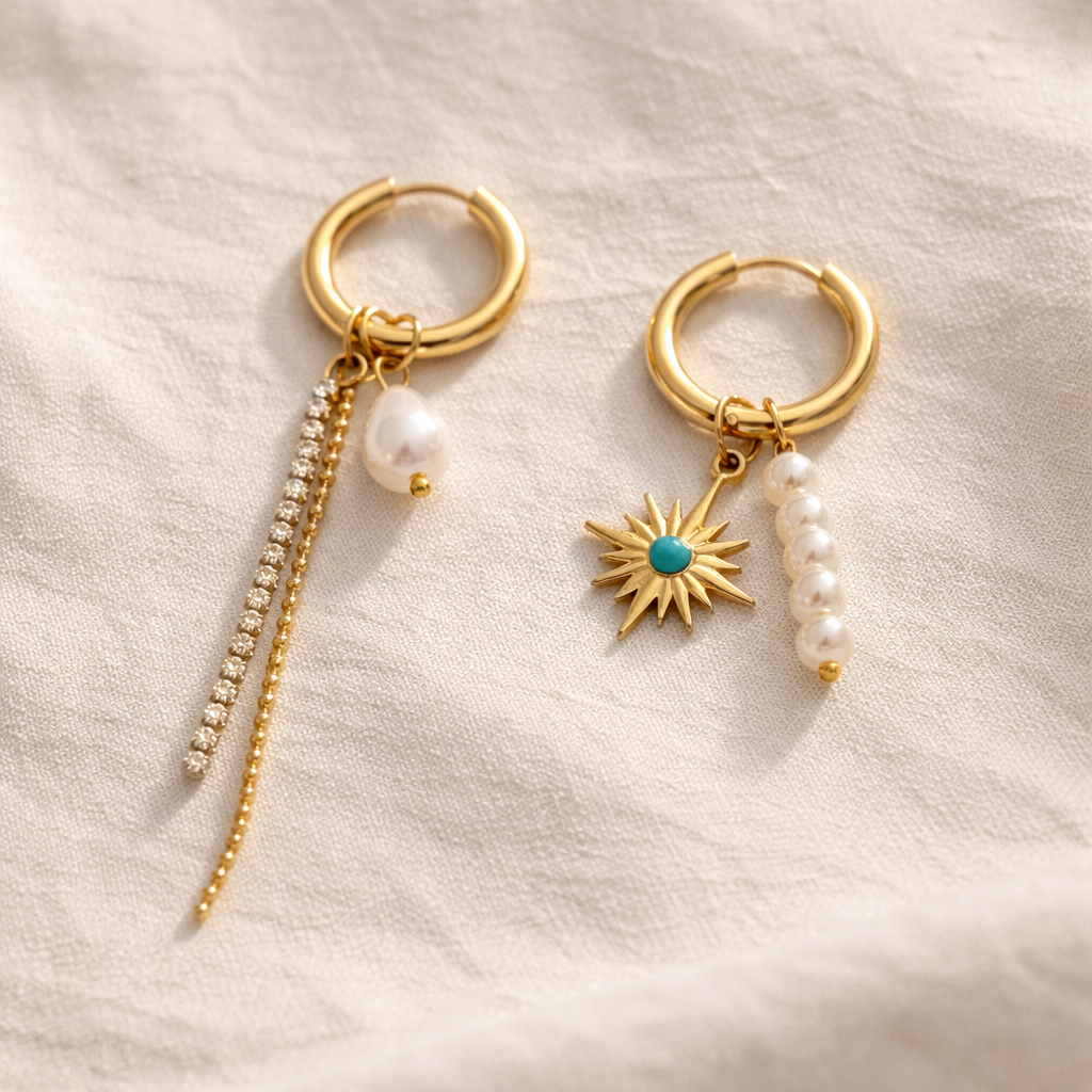 Two gold hoop earrings with decorative charms on a light fabric background