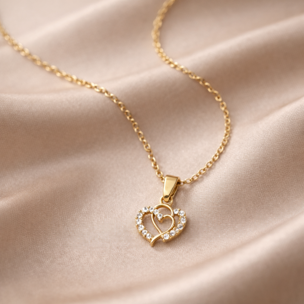 Gold necklace with a heart-shaped pendant on a beige fabric background