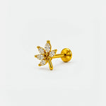 A gold flower-shaped labret stud earring with marquise-cut clear stones, shown on a clean white background.