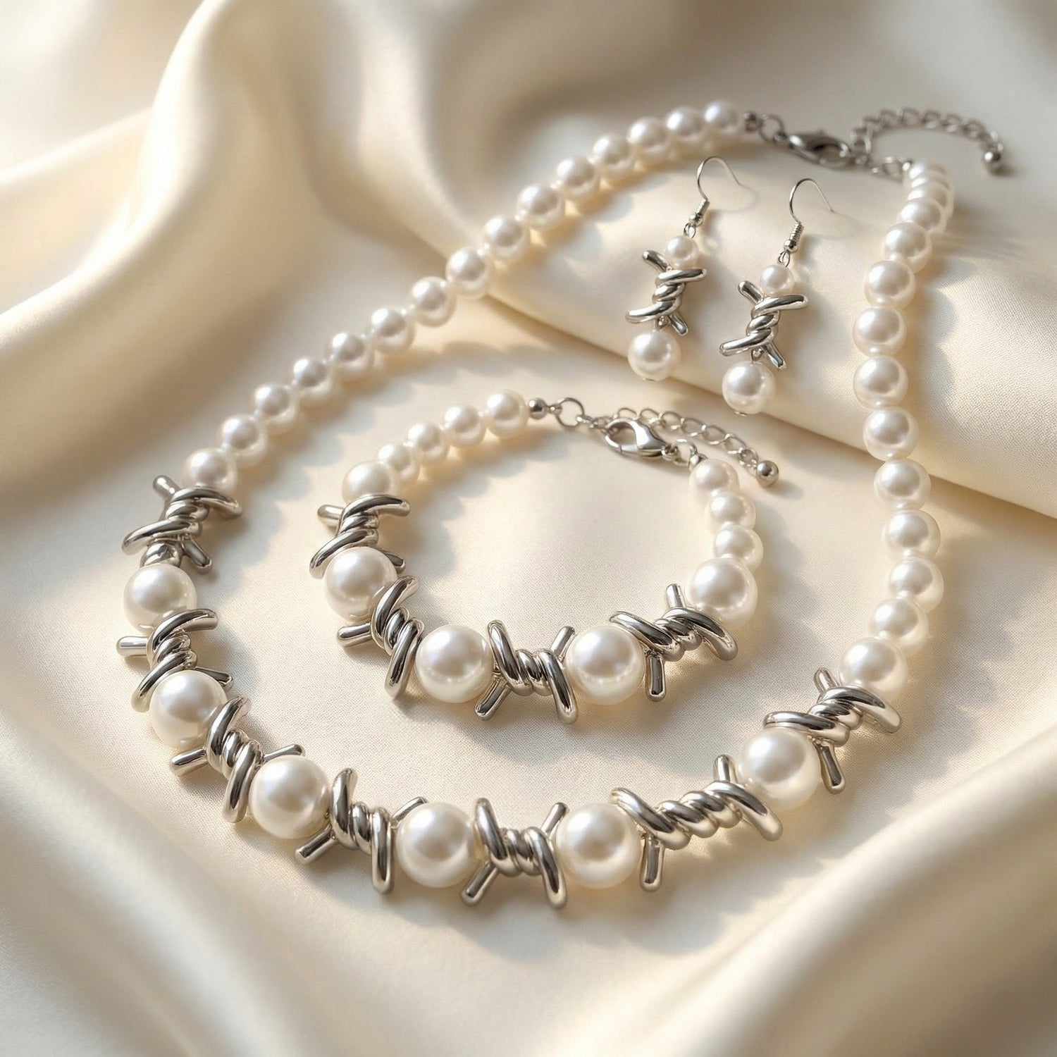 Elaria Pearl Knot Jewellery Silver Set