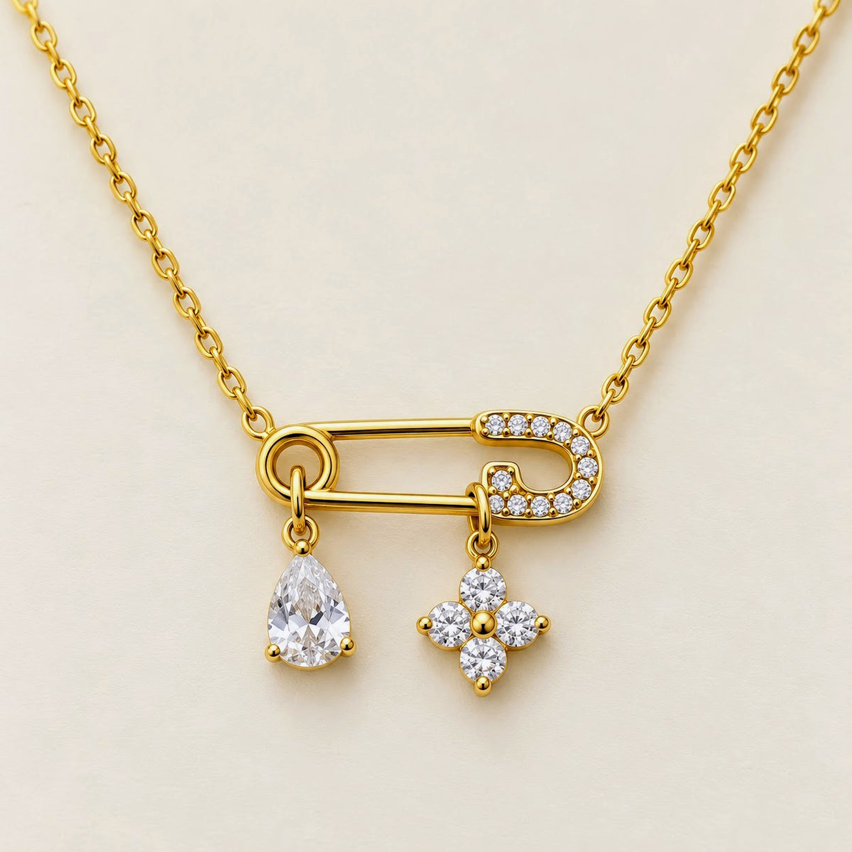 Elarisse Crystal Charm Safety Pin Necklace