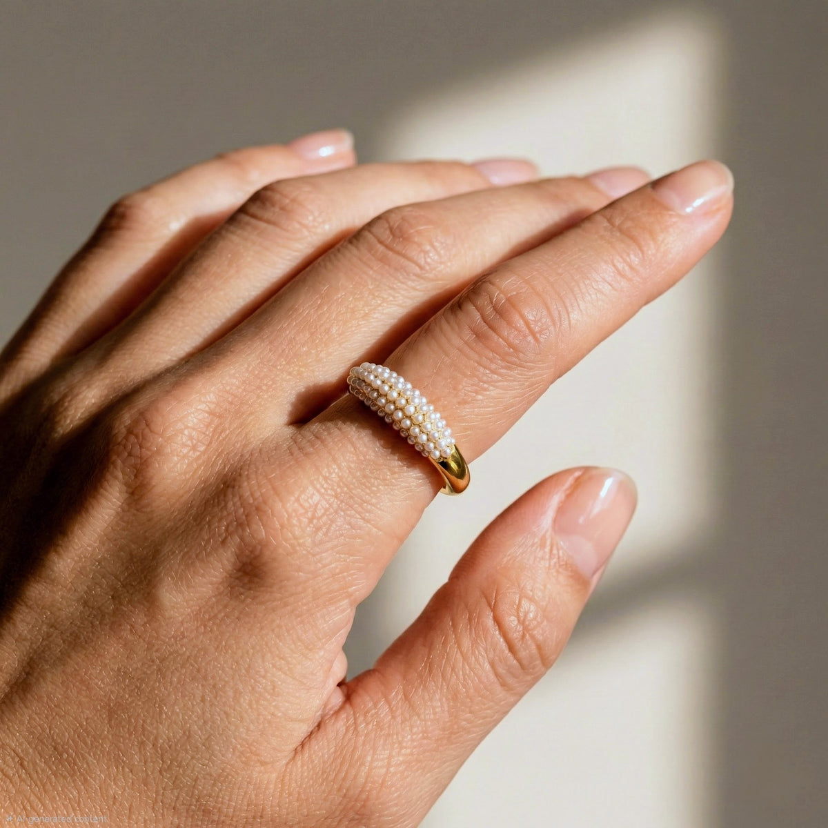 Gold pearl statement ring on hand – House of June